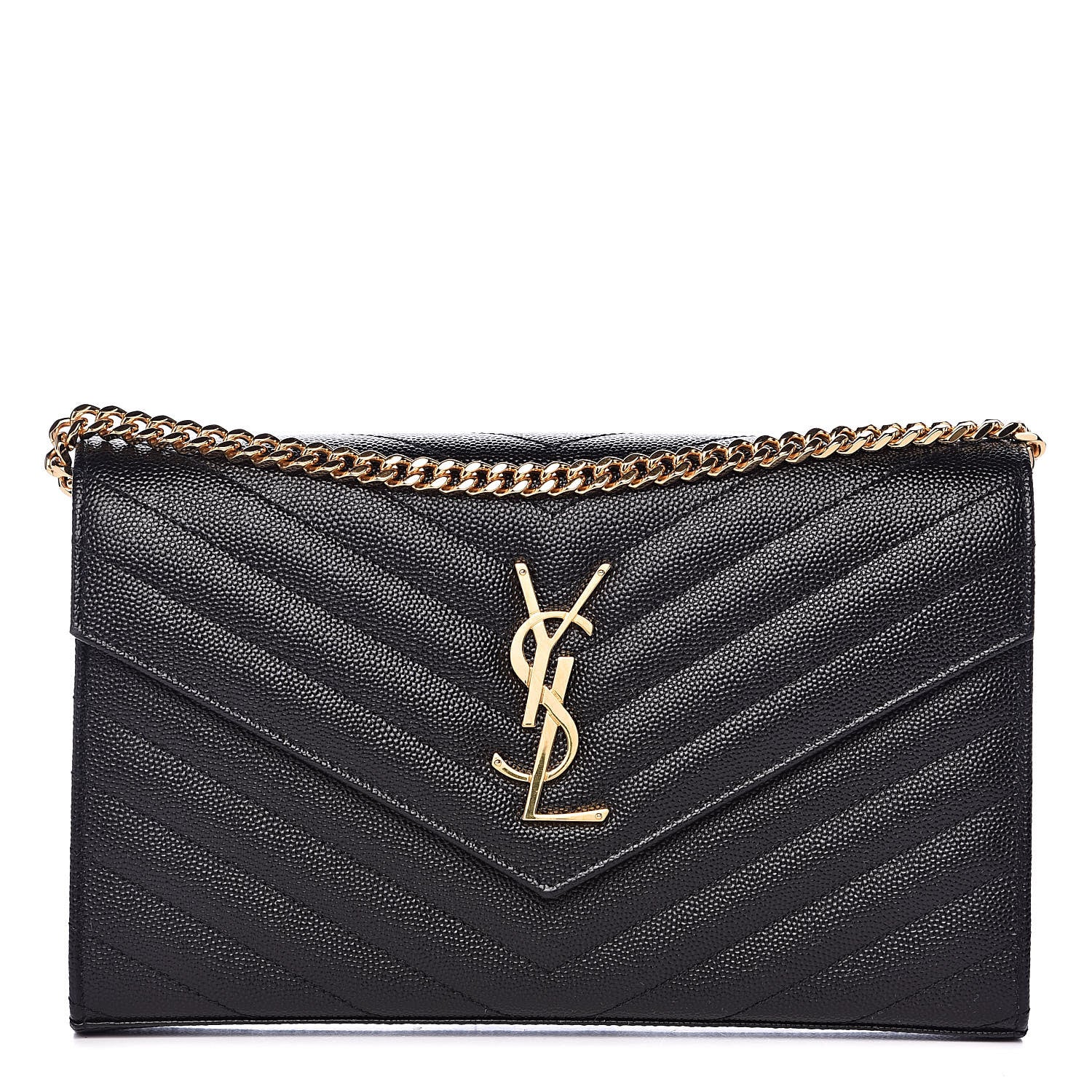 Saint Laurent Grain De Poudre Matelasse Chevron Monogram Chain Wallet Black 1 of 13
