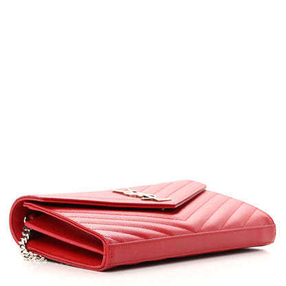 Saint Laurent Grain De Poudre Matelasse Chevron Monogram Chain Wallet Red 4 of 13