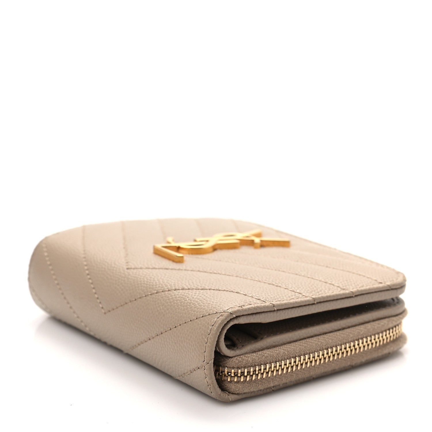 Saint Laurent Grain De Poudre Matelasse Chevron Monogram Compact Zip Around Wallet Dark Beige 7 of 7
