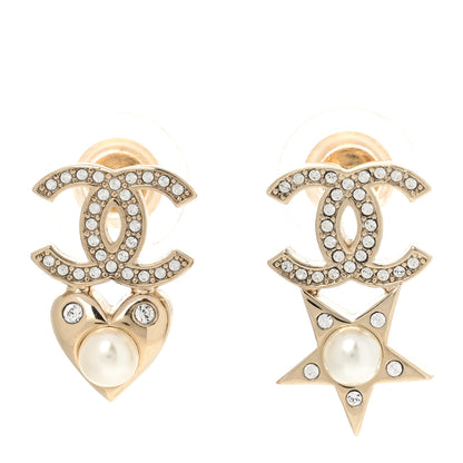 Chanel Crystal Pearl Charming Winter CC Star Heart Earrings Gold 1 of 4