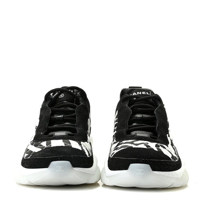 Chanel Nylon Suede Calfskin Printed Sneakers 38.5 White Black 2 of 11