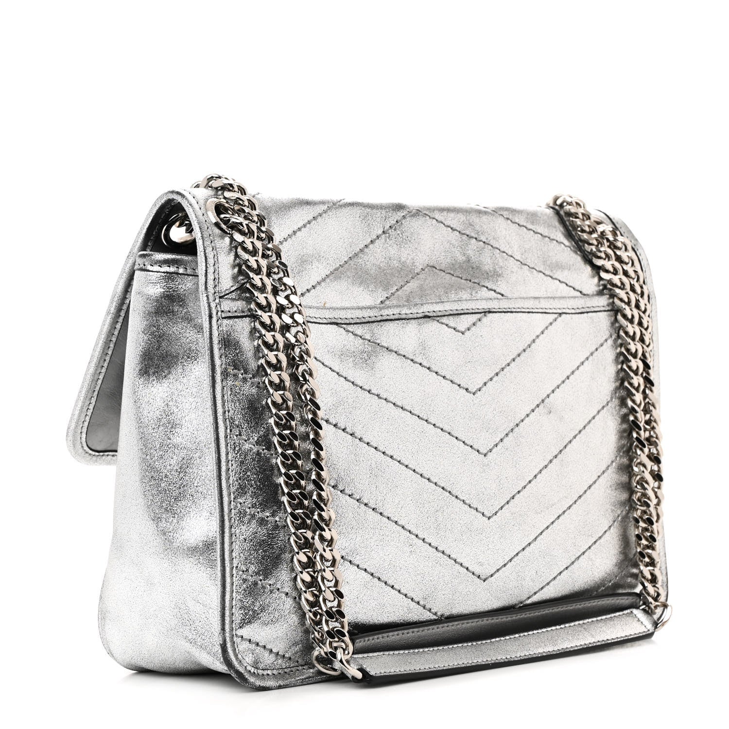 Saint Laurent Metallic Lambskin Matelasse Monogram Medium Niki Chain Satchel Argento 3 of 19