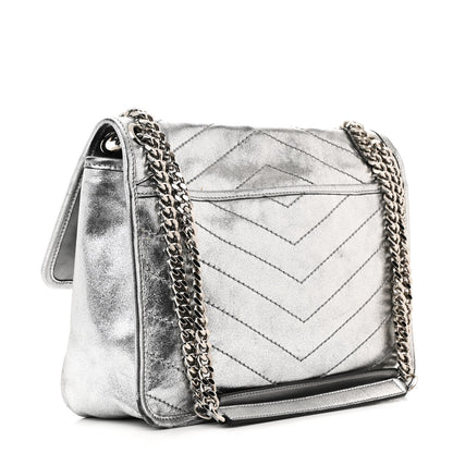 Saint Laurent Metallic Lambskin Matelasse Monogram Medium Niki Chain Satchel Argento 3 of 19