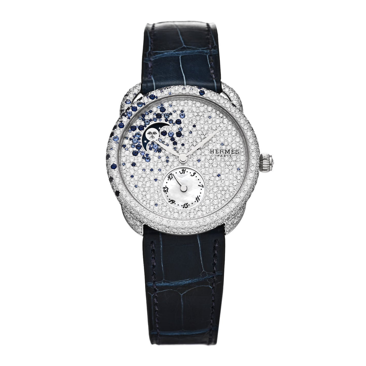 18K White Gold Alligator Diamond 38mm Arceau Petite Lune Automatic Watch Bleu Saphir