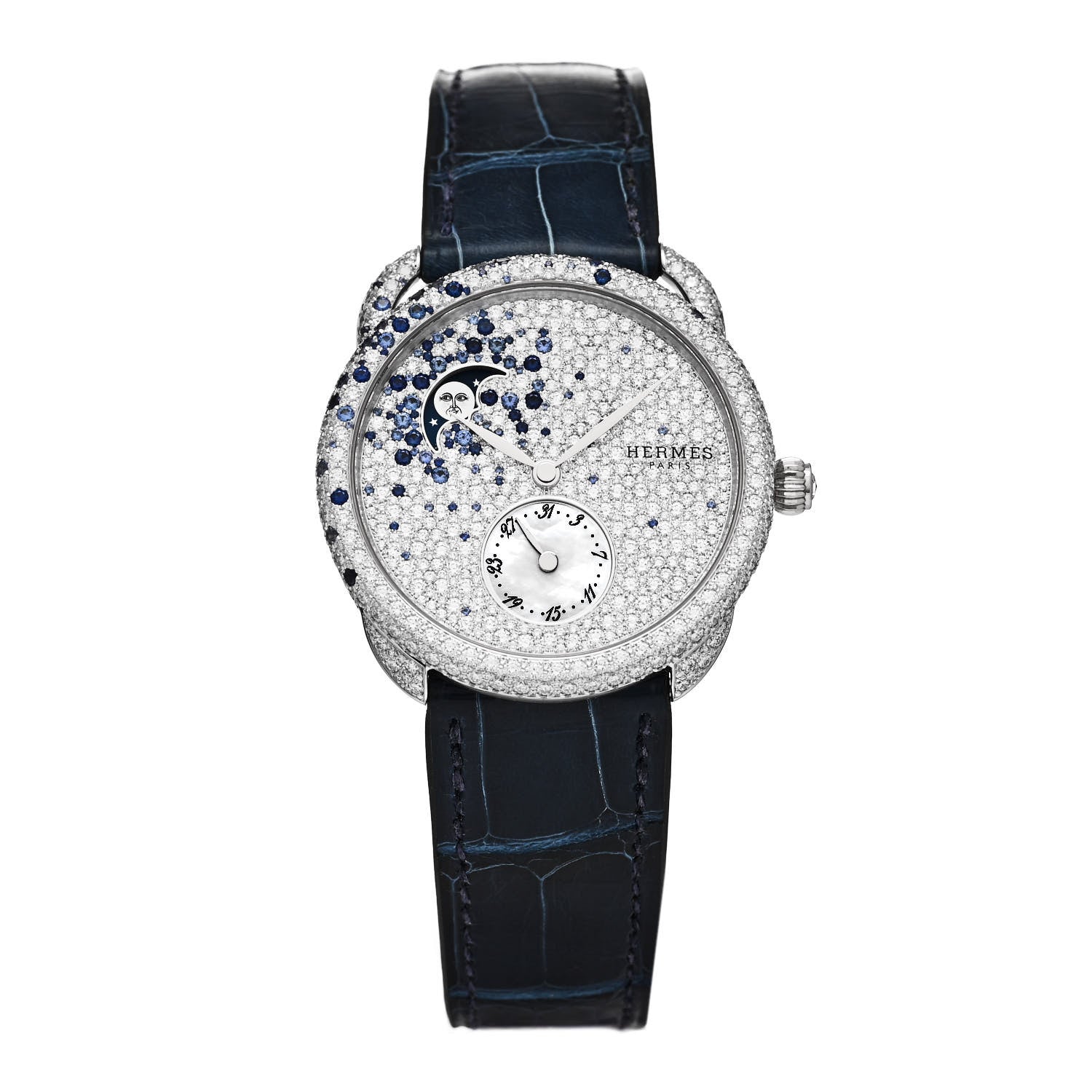 Hermes 18K White Gold Alligator Diamond 38mm Arceau Petite Lune Automatic Watch Bleu Saphir 1 of 7