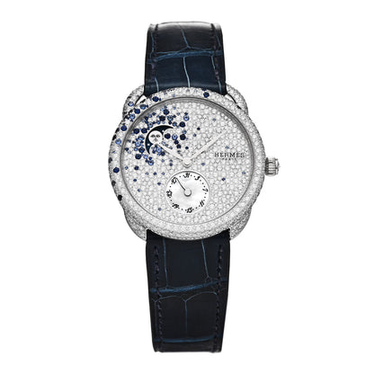 Hermes 18K White Gold Alligator Diamond 38mm Arceau Petite Lune Automatic Watch Bleu Saphir 1 of 7