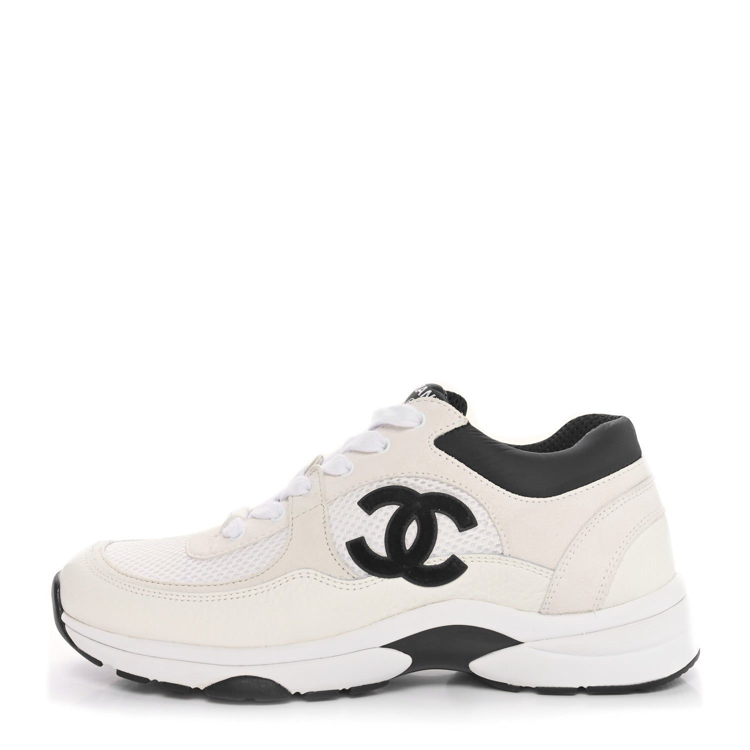 Chanel Mesh Suede Calfskin Grained Calfskin Womens CC Sneakers 38.5 White Black 1 of 9