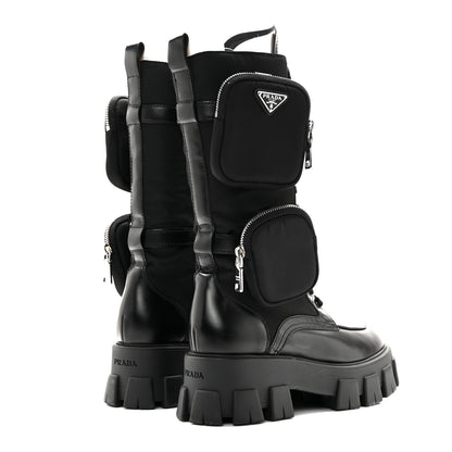 Prada Spazzolato Rois Re-Nylon Metal Triangle Logo Monolith Pouch Pocket 55mm Tall Combat Boots 39.5 Black 4 of 13