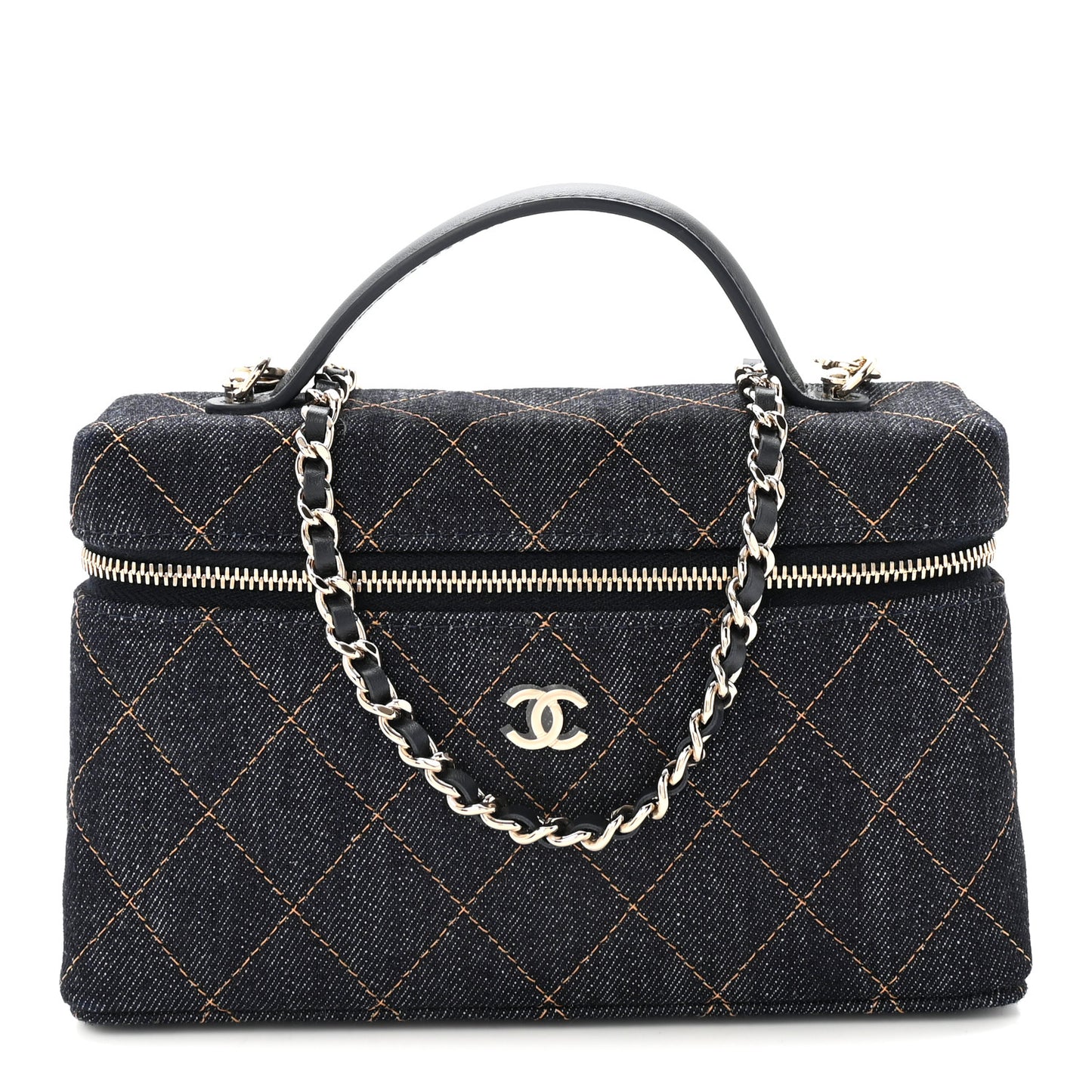Denim Quilted Top Handle Slim Vanity Case With Chain Dark Blue Orange
