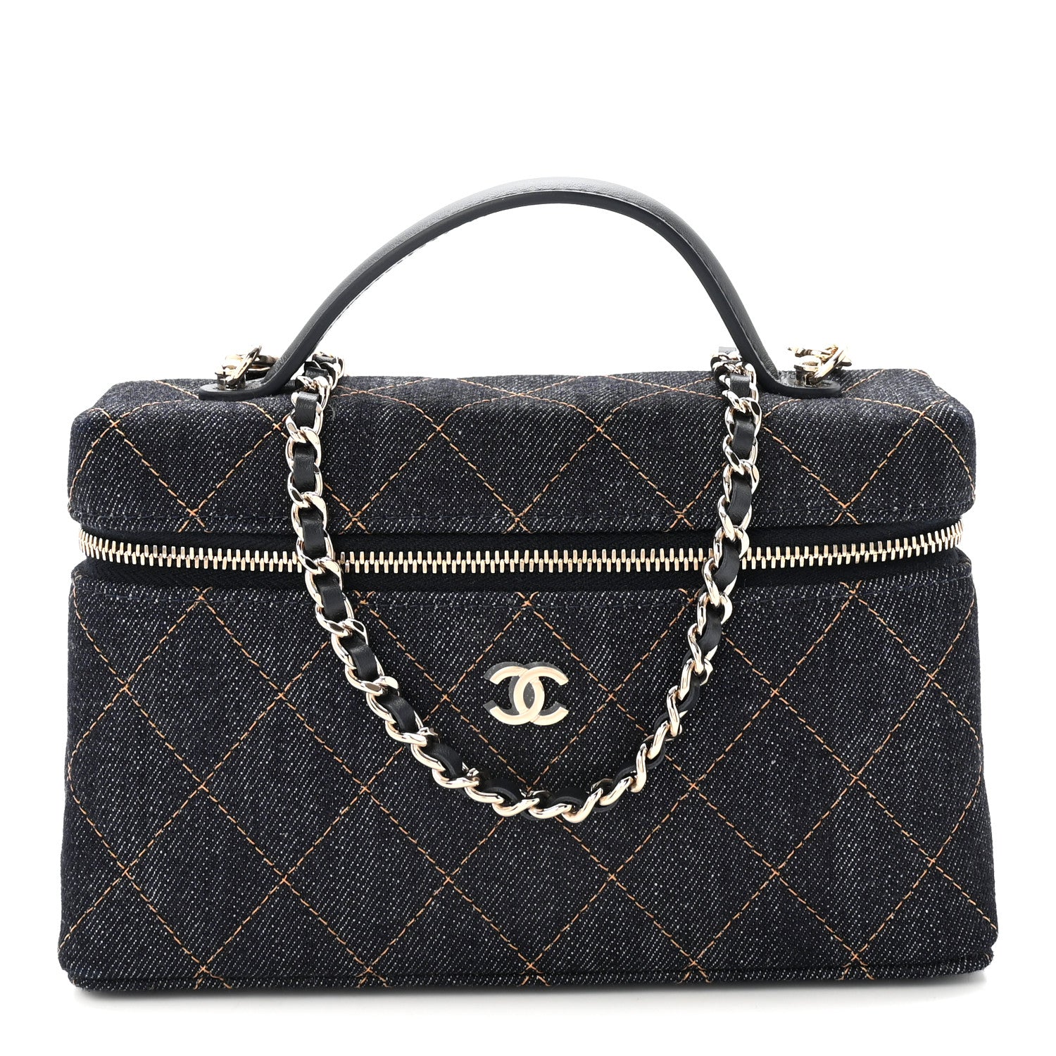 Chanel Denim Quilted Top Handle Slim Vanity Case With Chain Dark Blue Orange 1 of 10
