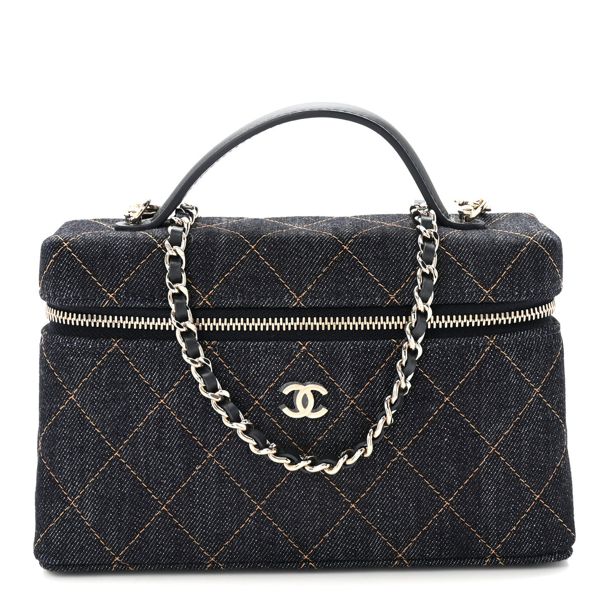 Denim Quilted Top Handle Slim Vanity Case With Chain Dark Blue Orange