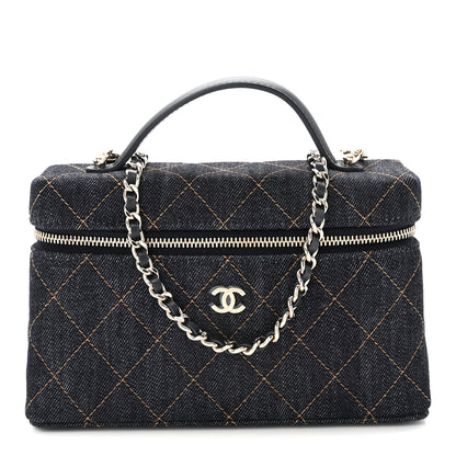 Chanel Denim Quilted Top Handle Slim Vanity Case With Chain Dark Blue Orange 1 of 11