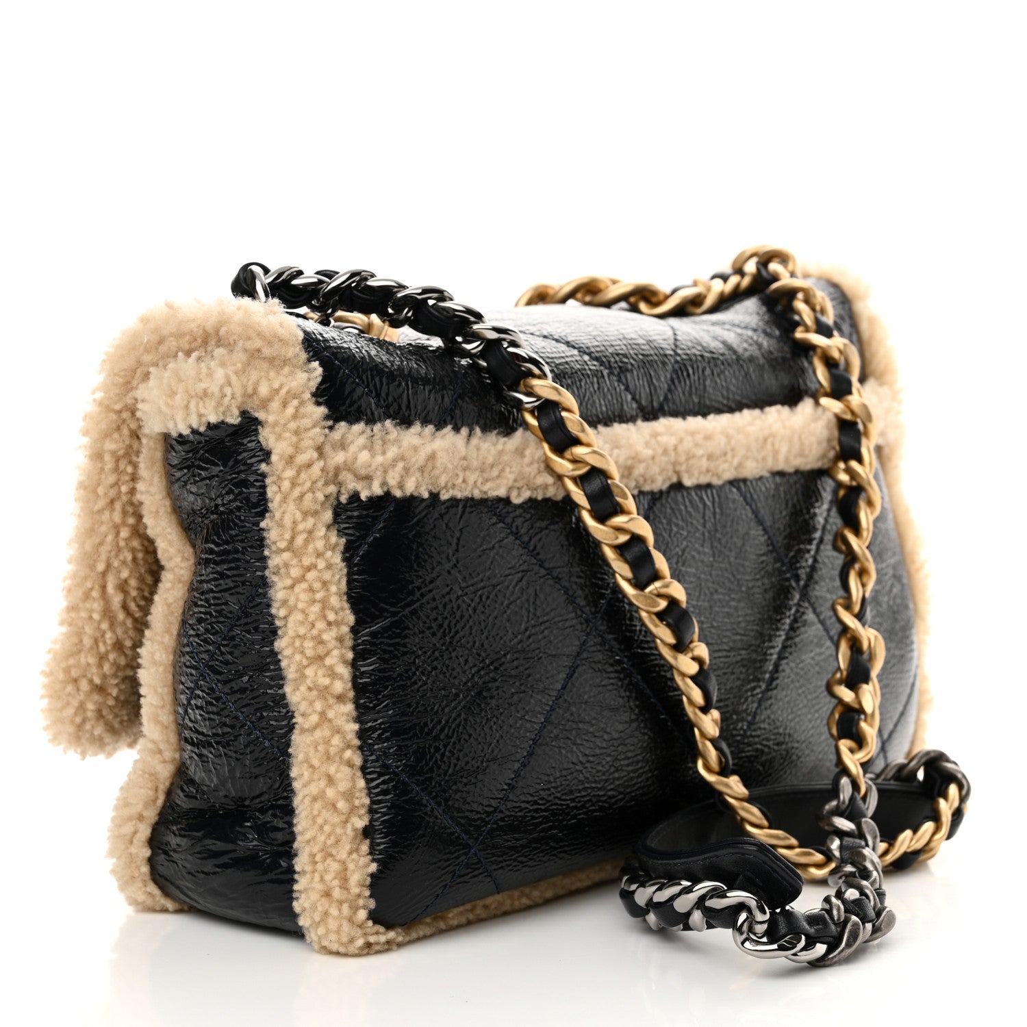 Chanel Crumpled Calfskin Shearling Sheepskin Quilted Large Chanel 19 Flap Navy 3 of 10