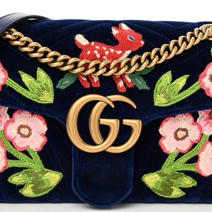 Gucci Velvet Matelasse Deer Embroidered Small GG Marmont Shoulder Bag Cobalt 8 of 12