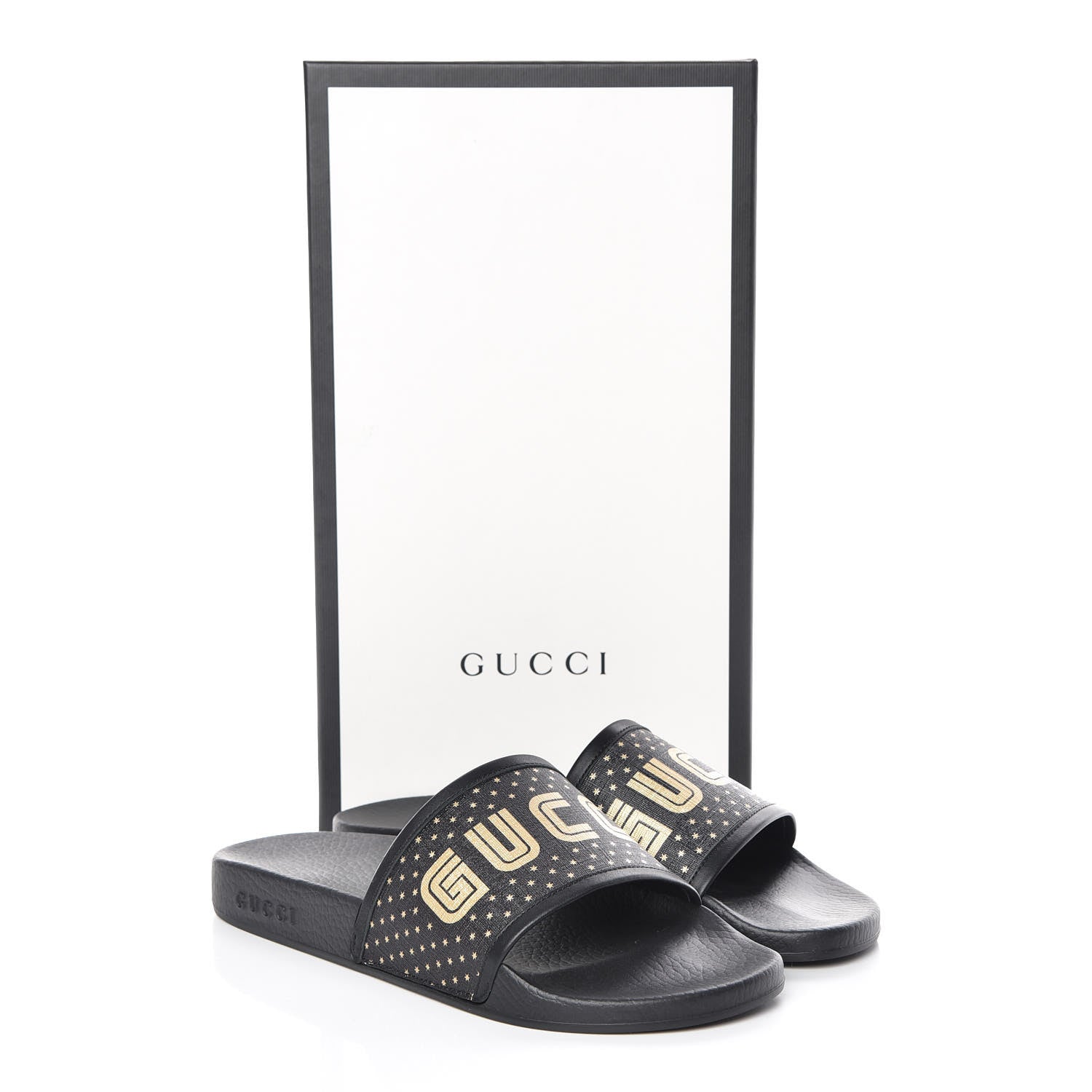 Gucci X SEGA Supreme Canvas GUCCY Stars Mens Slide Sandals 8 Black Gold 8 of 8