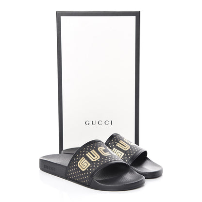 Gucci X SEGA Supreme Canvas GUCCY Stars Mens Slide Sandals 8 Black Gold 8 of 8