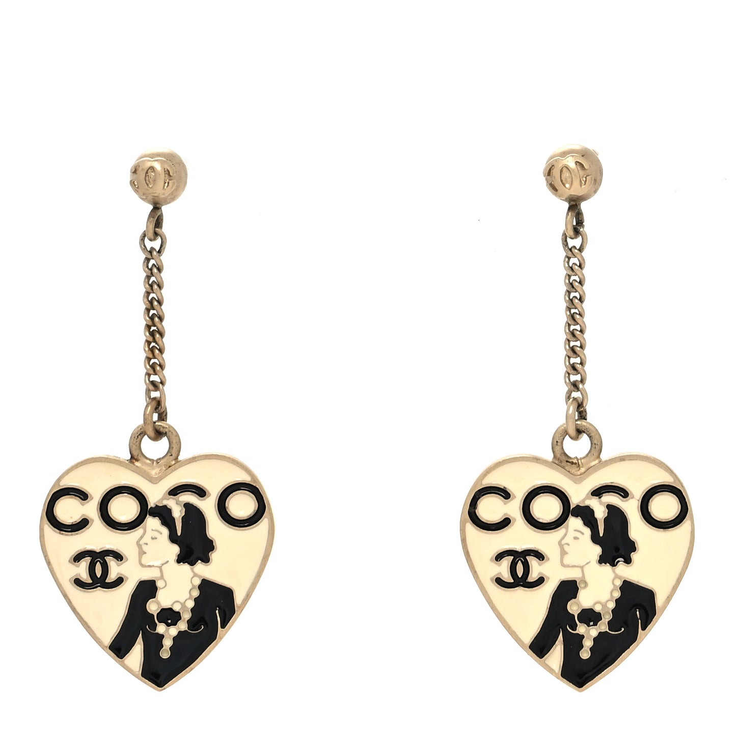 Enamel Coco Mademoiselle Heart Dangle Earrings Black Gold