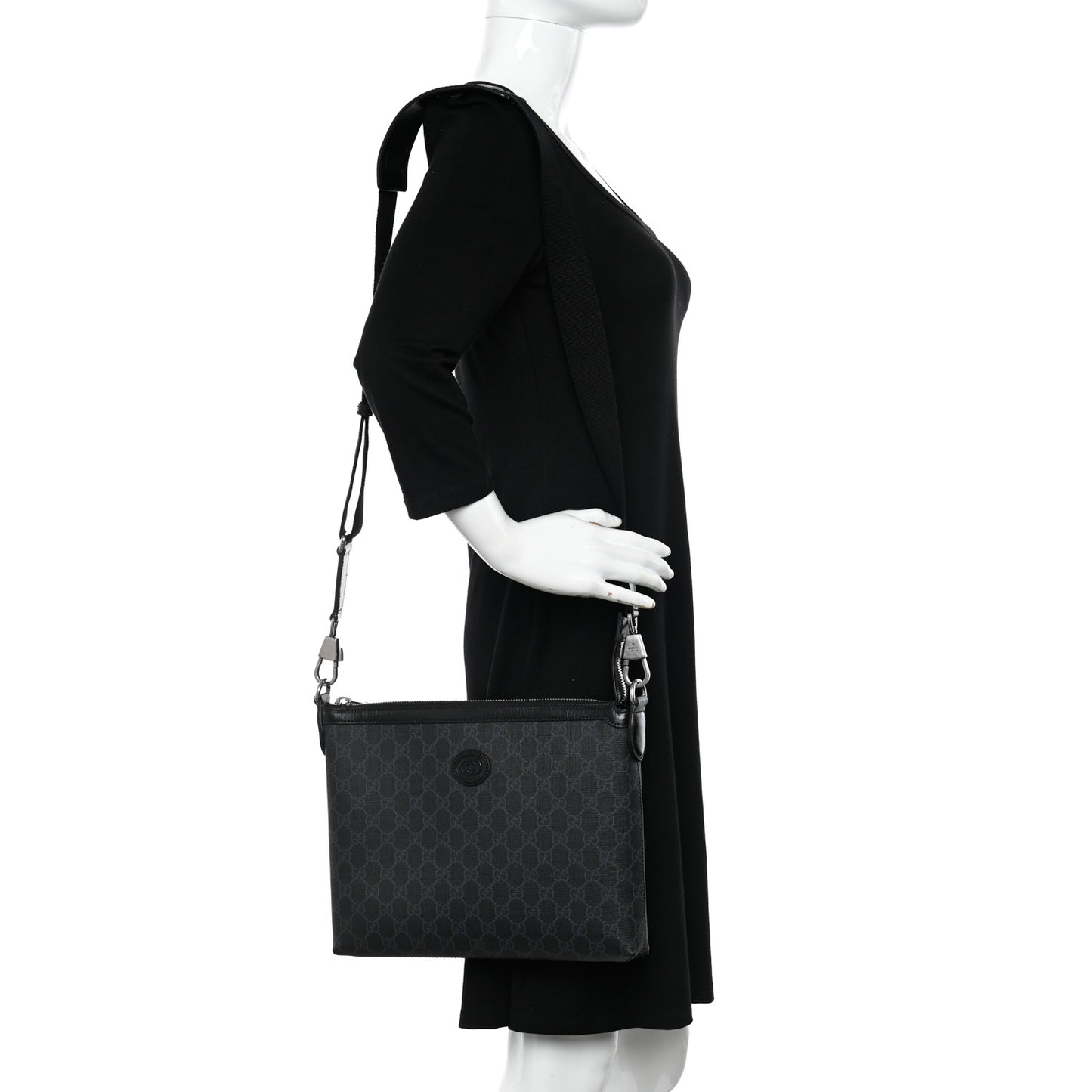 GG Supreme Monogram Azalea Calfskin Retro Interlocking G Wristlet Messenger Bag Black