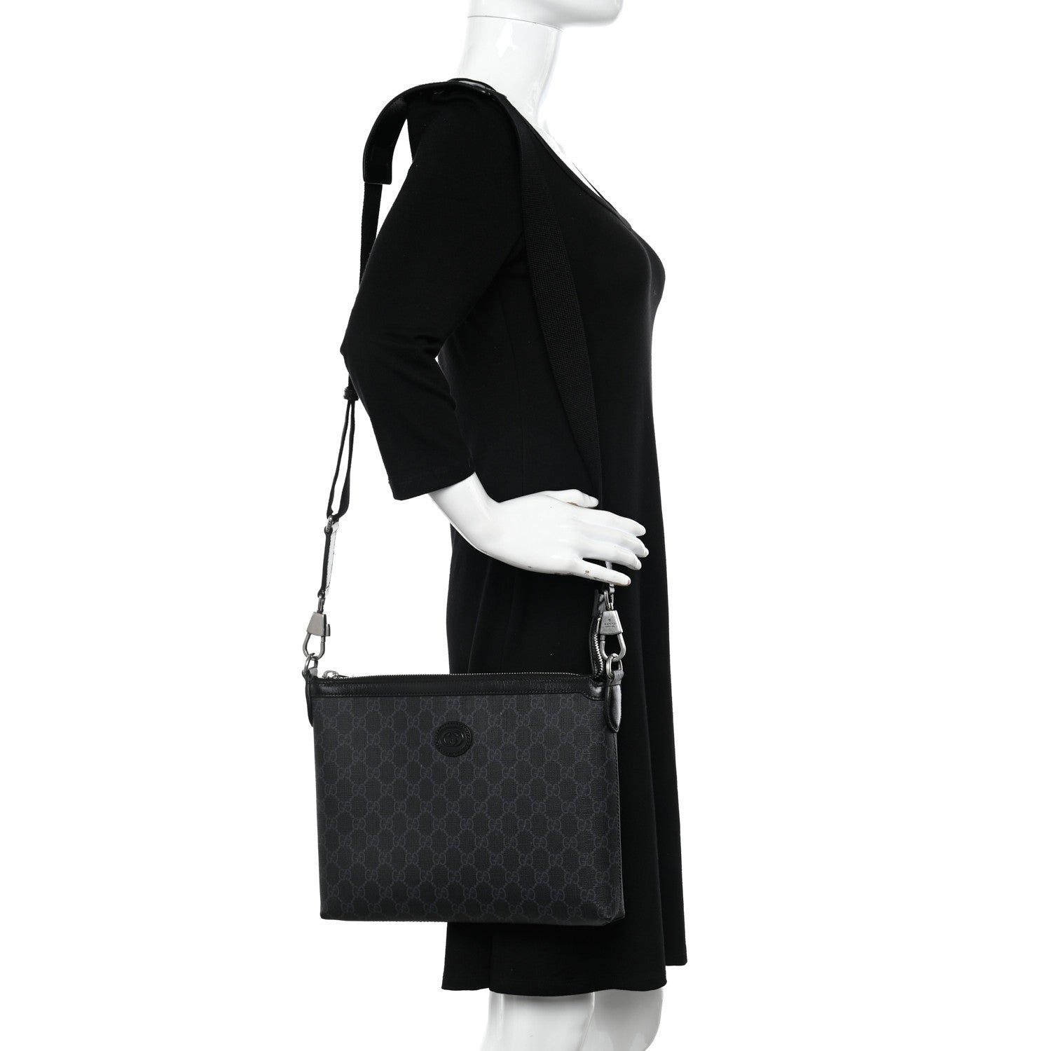 Gucci GG Supreme Monogram Azalea Calfskin Retro Interlocking G Wristlet Messenger Bag Black 2 of 13