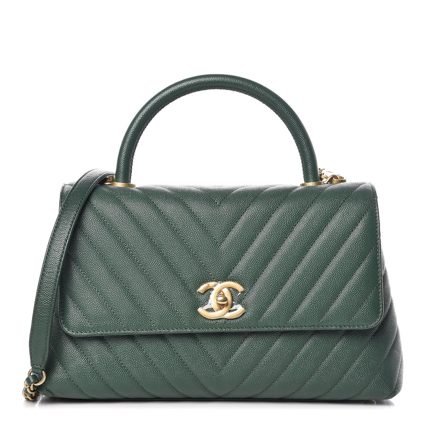 Caviar Chevron Chevron Quilted Small Coco Handle Flap Green