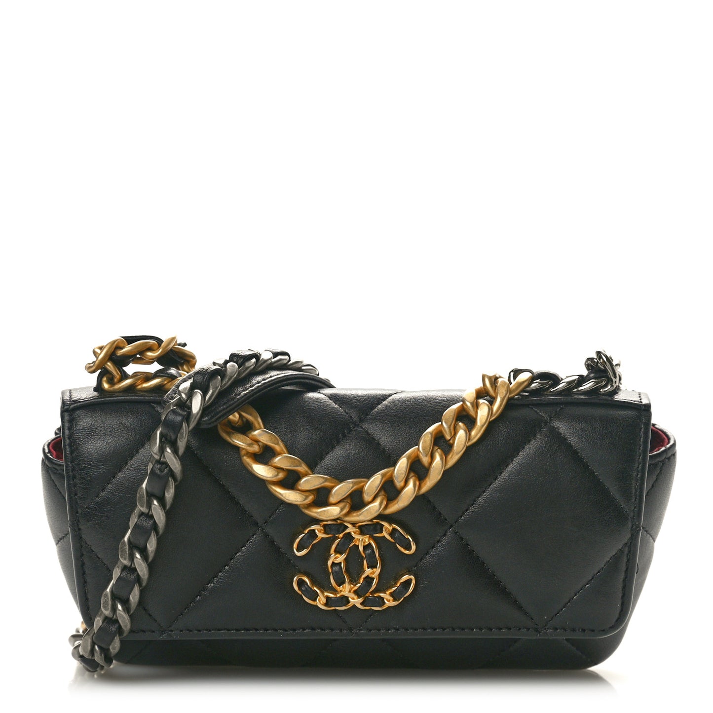 Goatskin Quilted Chanel 19 Glasses Case With Chain Black