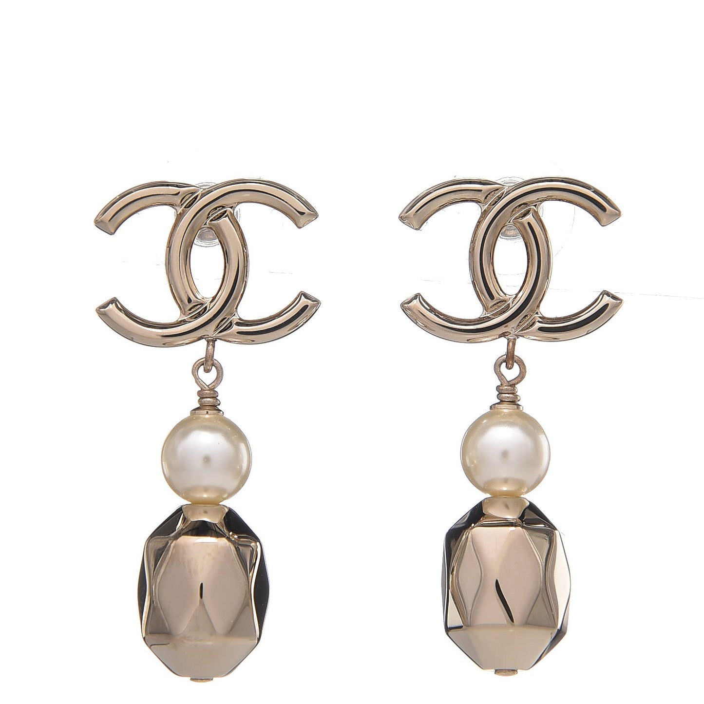 Metal Bead Pearl CC Drop Earrings Golden Pearly White