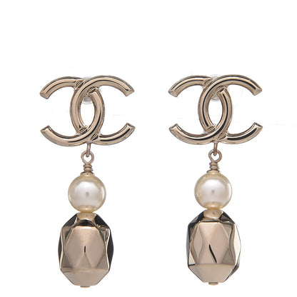 Chanel Metal Bead Pearl CC Drop Earrings Golden Pearly White 1 of 4