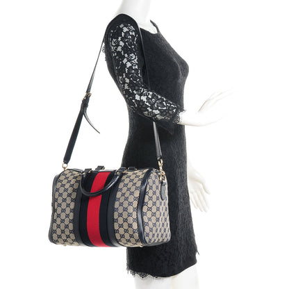 Gucci Monogram Selleria Calfskin Vintage Web Medium Boston Beige Blue 2 of 8