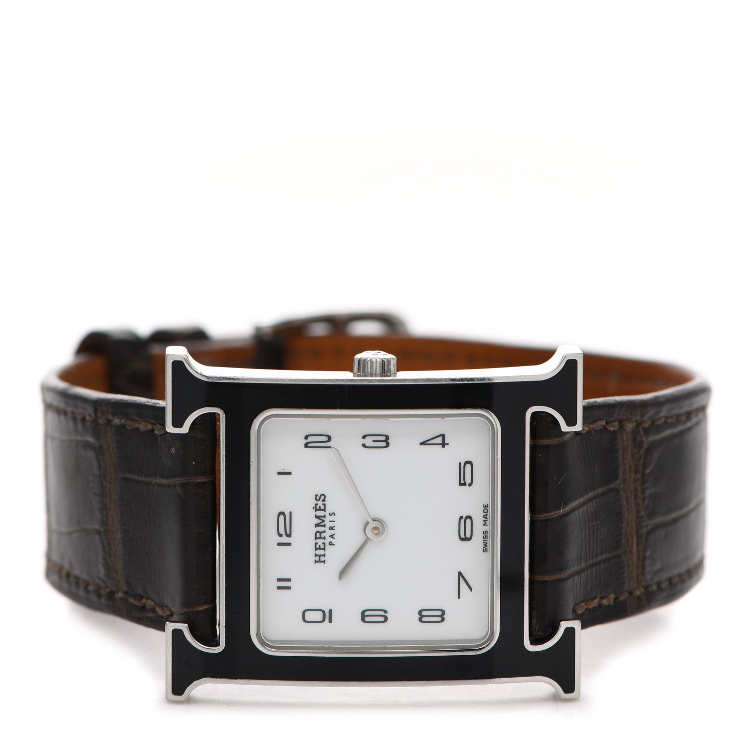 Hermes Stainless Steel Alligator Lacquer 26mm Heure H Hour Quartz Watch Gris Elephant 2 of 6