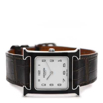 Hermes Stainless Steel Alligator Lacquer 26mm Heure H Hour Quartz Watch Gris Elephant 2 of 6