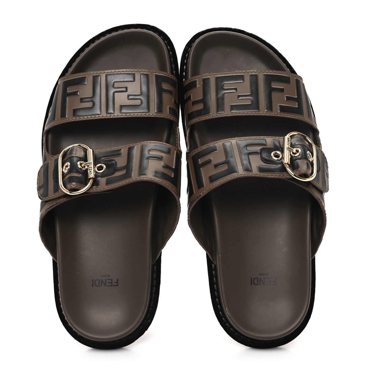 Fendi Calfskin FF Embossed Pearland Slide Sandals 39.5 Tobacco Moro 2 of 12