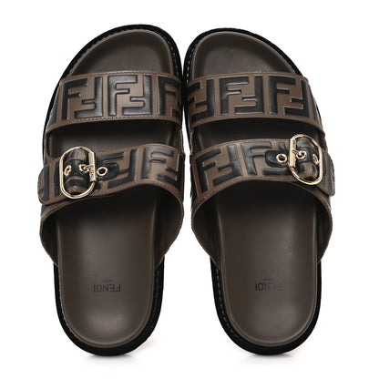 Fendi Calfskin FF Embossed Pearland Slide Sandals 39.5 Tobacco Moro 2 of 12