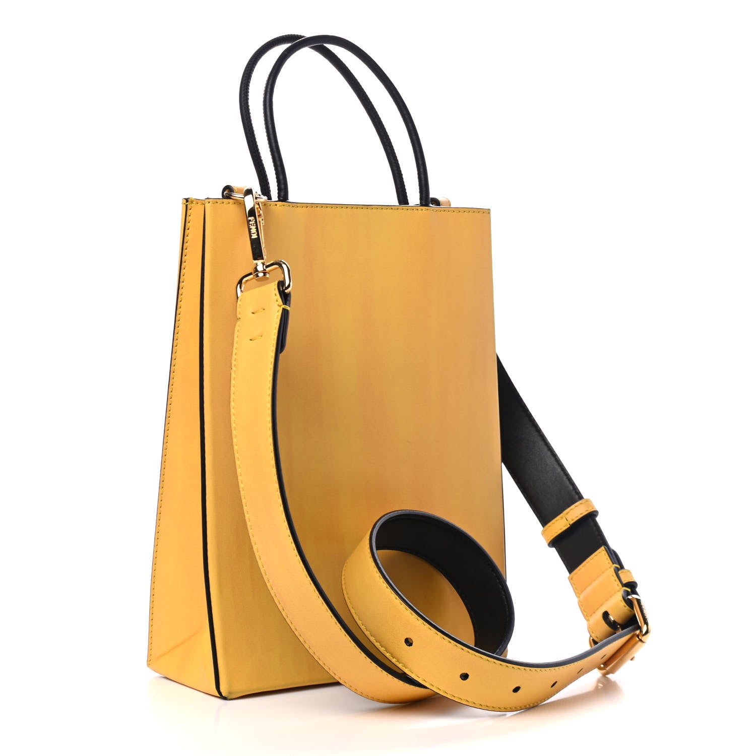 Fendi Vitello Fluffy Logo Small Pack Shopper Tote Yellow Box Black 2 of 4