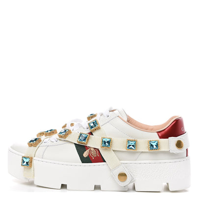 Gucci Calfskin Removable Crystals Bee Embroidered Womens Ace Platform Sneakers 37 White 1 of 8