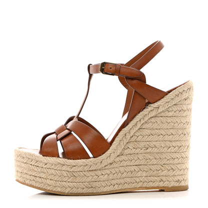 Saint Laurent Calfskin 85 Platform Espadrille Wedge Sandals 38 Brown 1 of 17