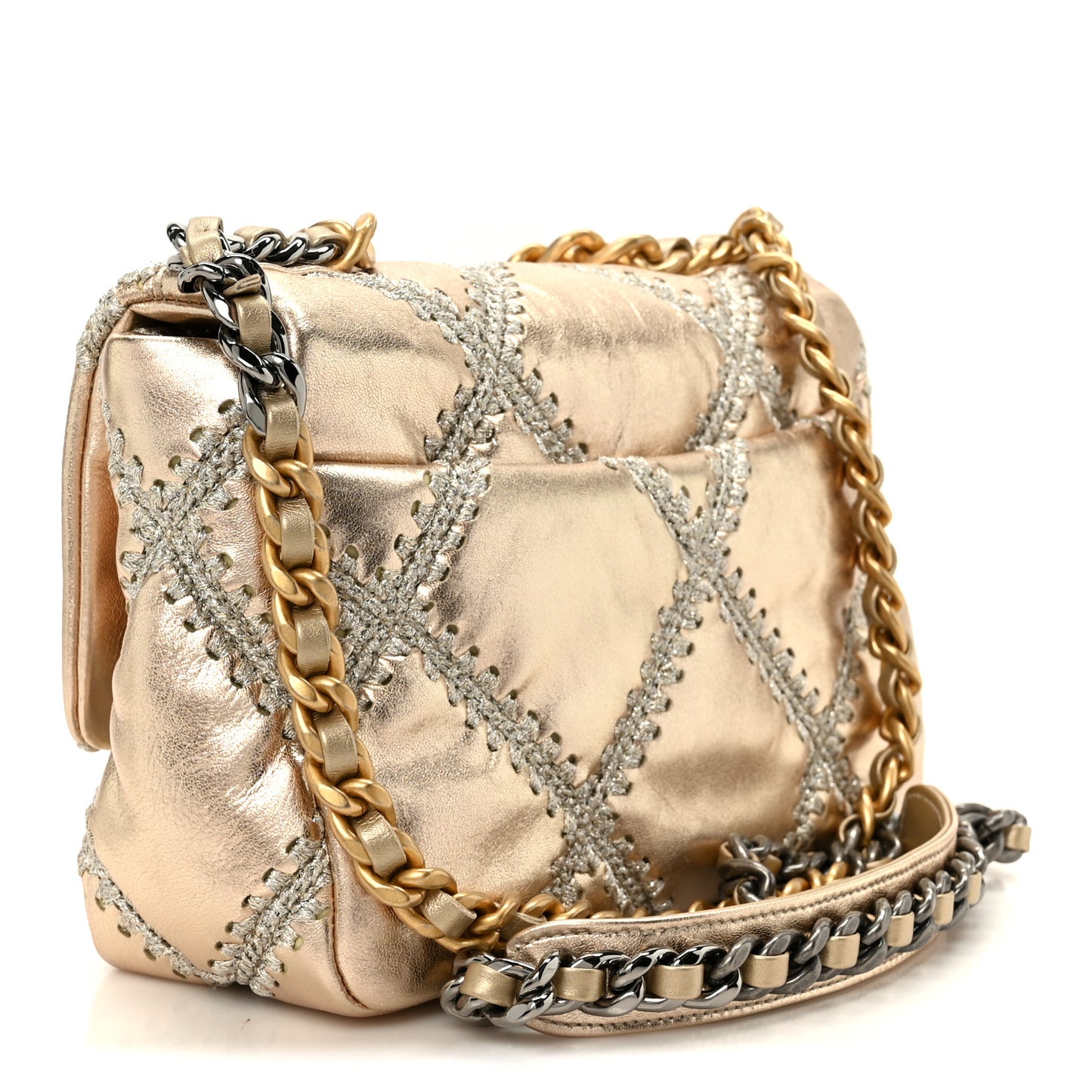 Metallic Calfskin Crochet Medium Chanel 19 Flap Gold