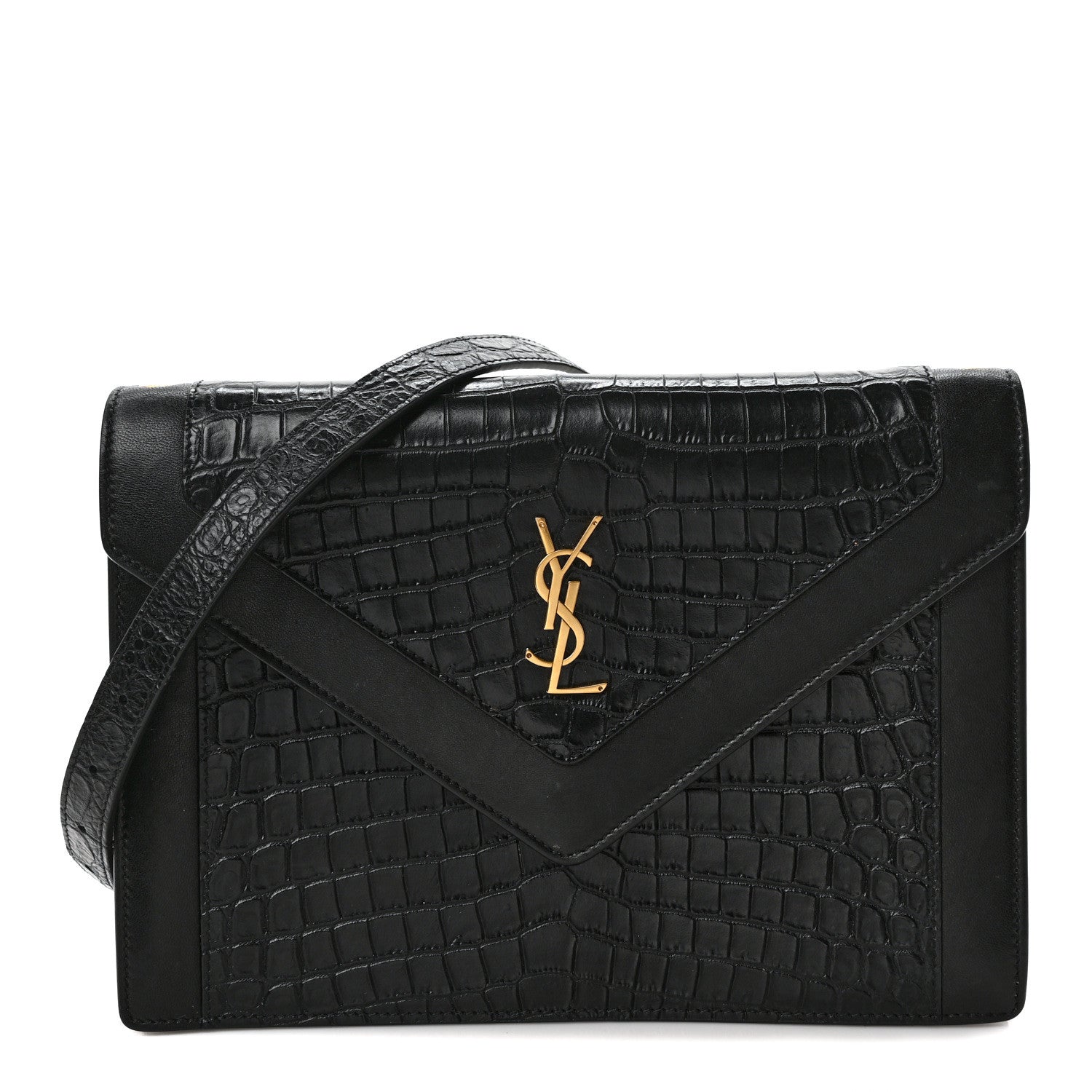 Saint Laurent Calfskin Crocodile Embossed Gaby Satchel Black 1 of 10