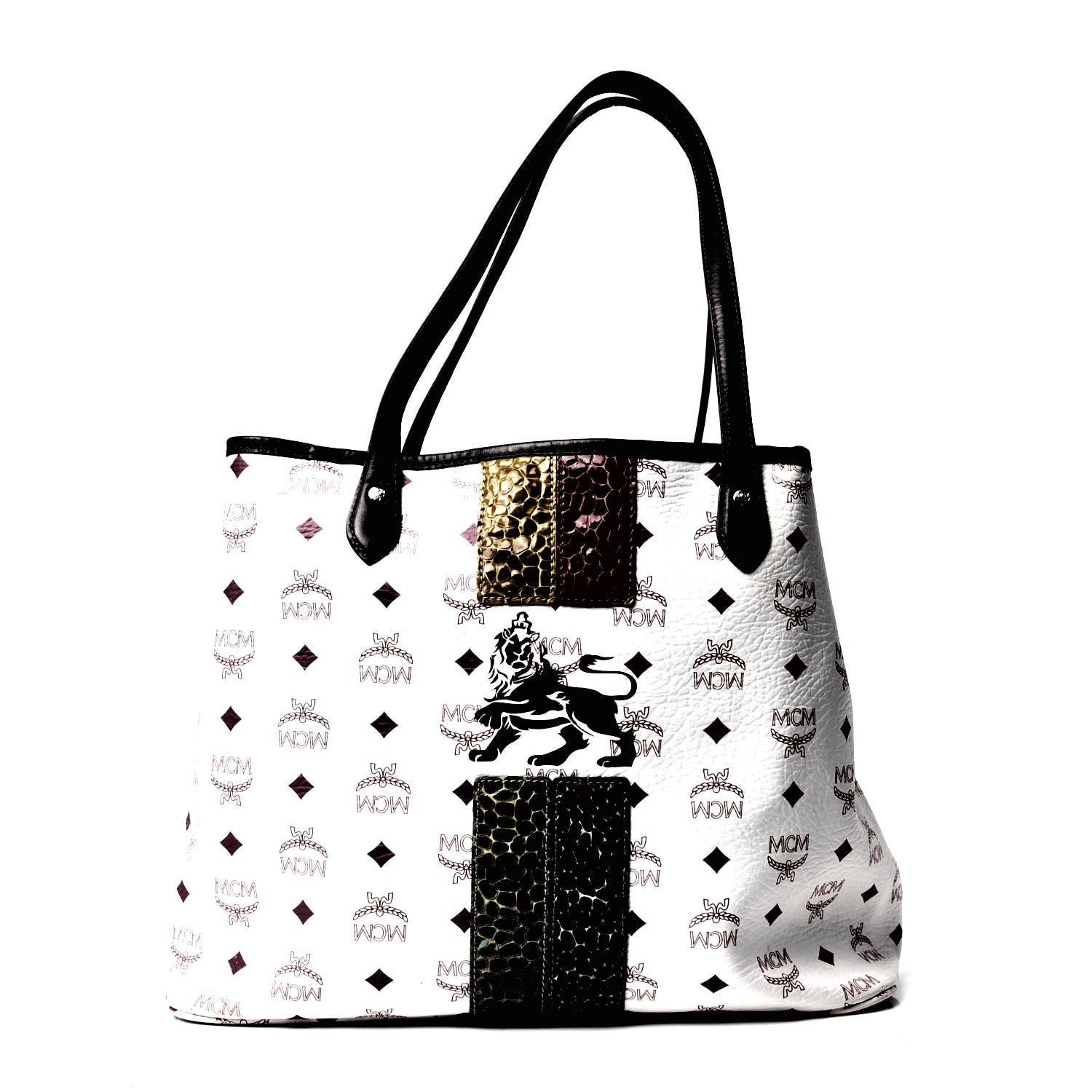 MCM Visetos Striped Munich Lion Tote White 1 of 4