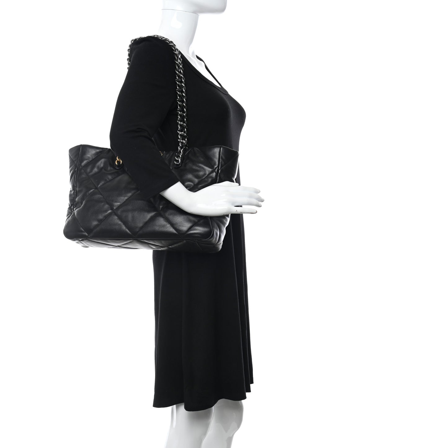 Lambskin Quilted Chanel 19 East West Shopping Bag Black