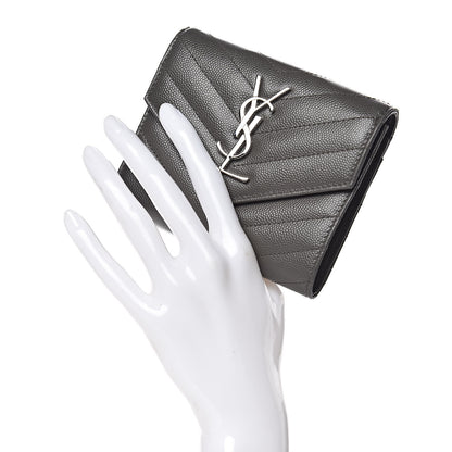 Saint Laurent Grain De Poudre Matelasse Chevron Monogram Compact Tri Fold Wallet Earth 2 of 8