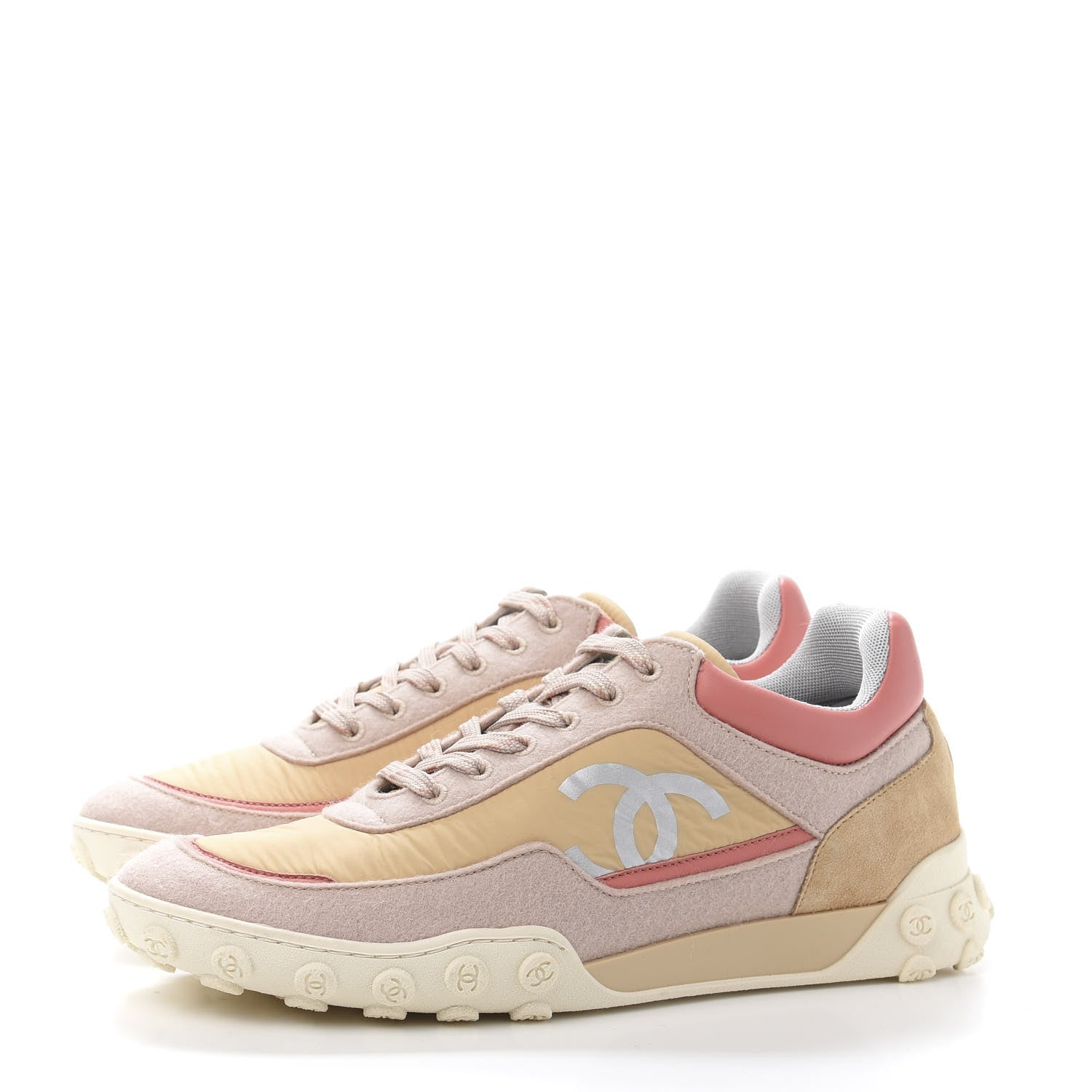 Chanel Nylon Calfskin Suede Womens CC Sneakers 41 Beige Pink 3 of 9