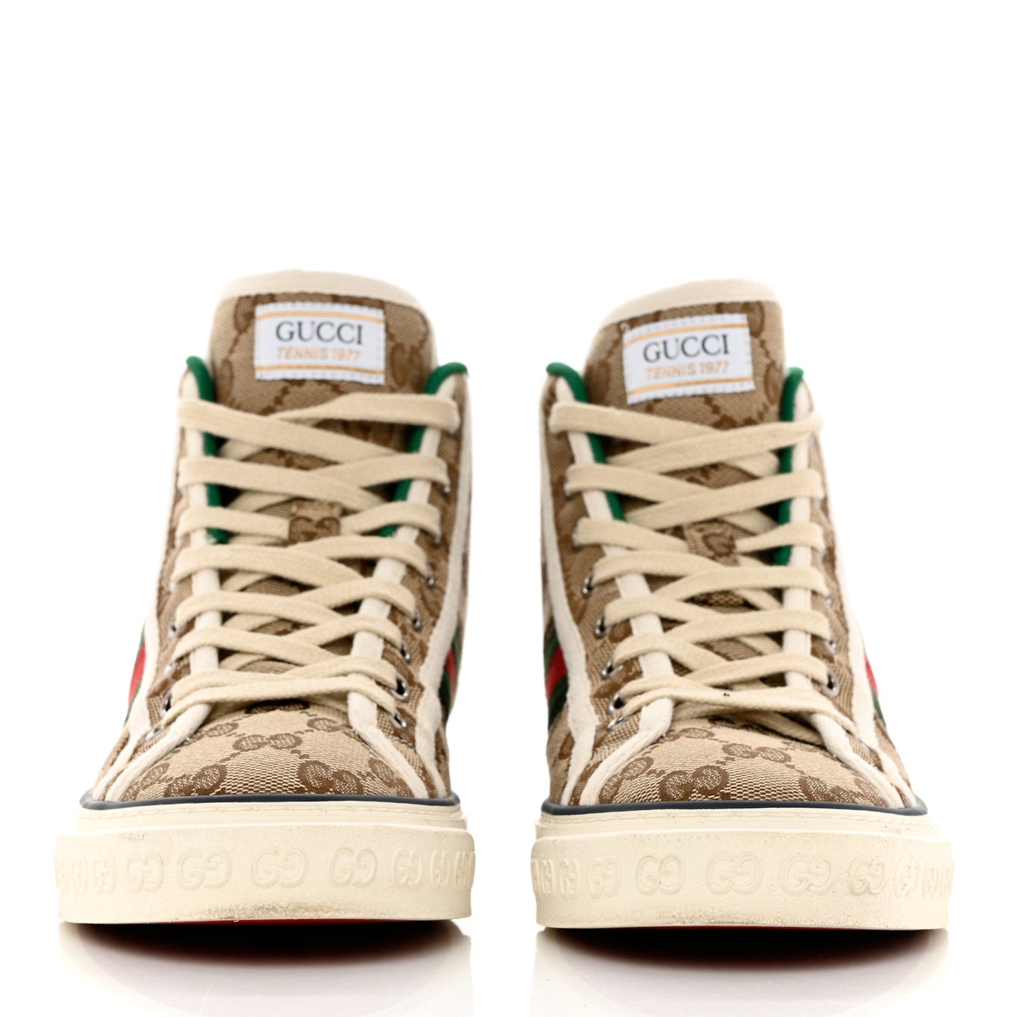 GG Monogram Web Womens 1977 Tennis High Top Sneakers 37.5 Beige Ebony Mystic White