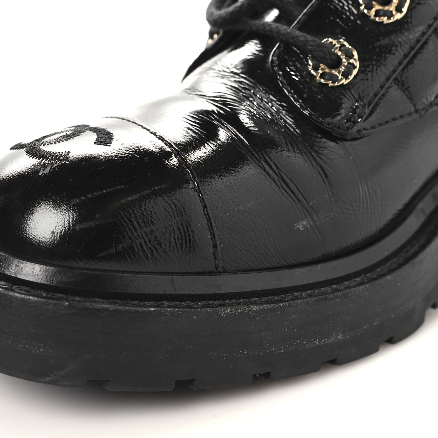Shiny Calfskin Quilted Lace Up Combat Boots 39 Black