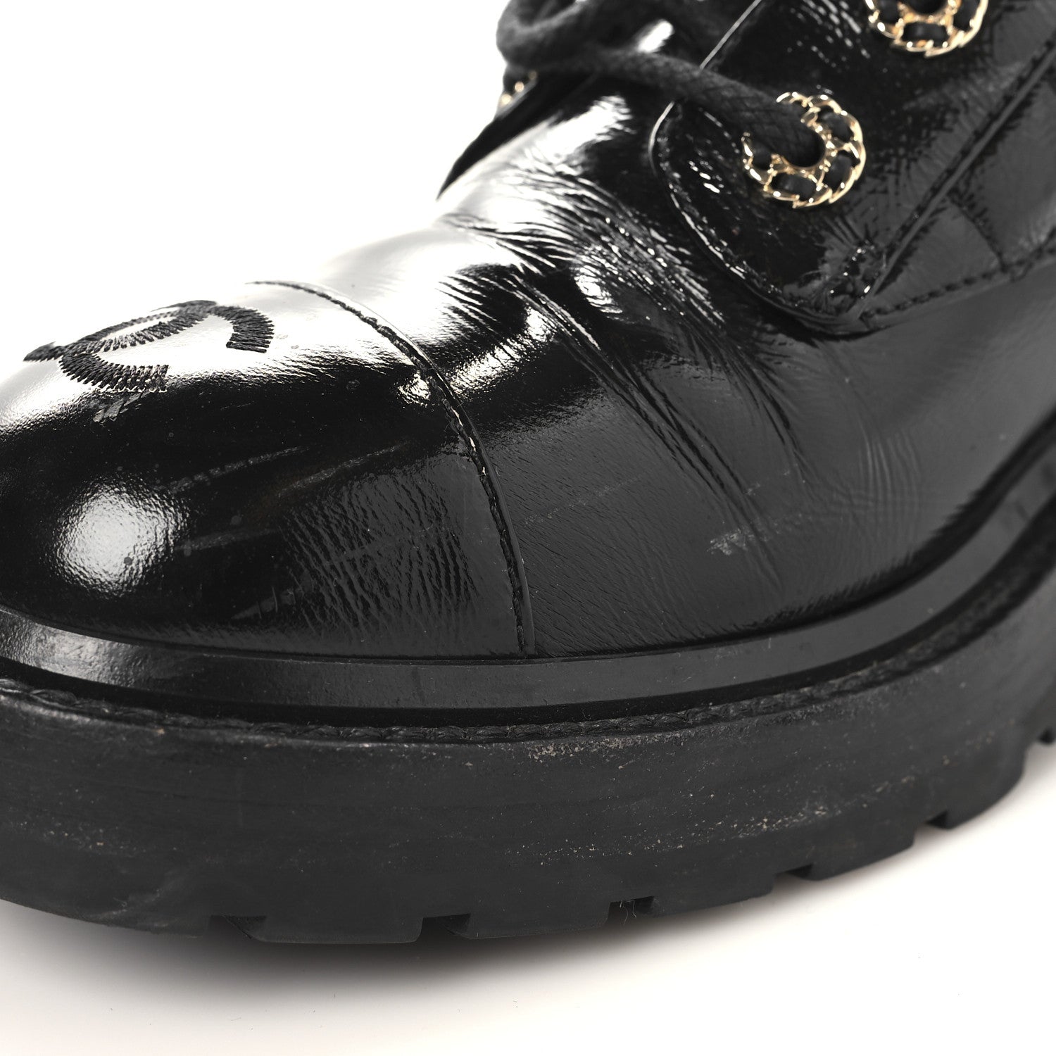 Chanel Shiny Calfskin Quilted Lace Up Combat Boots 39 Black 9 of 10