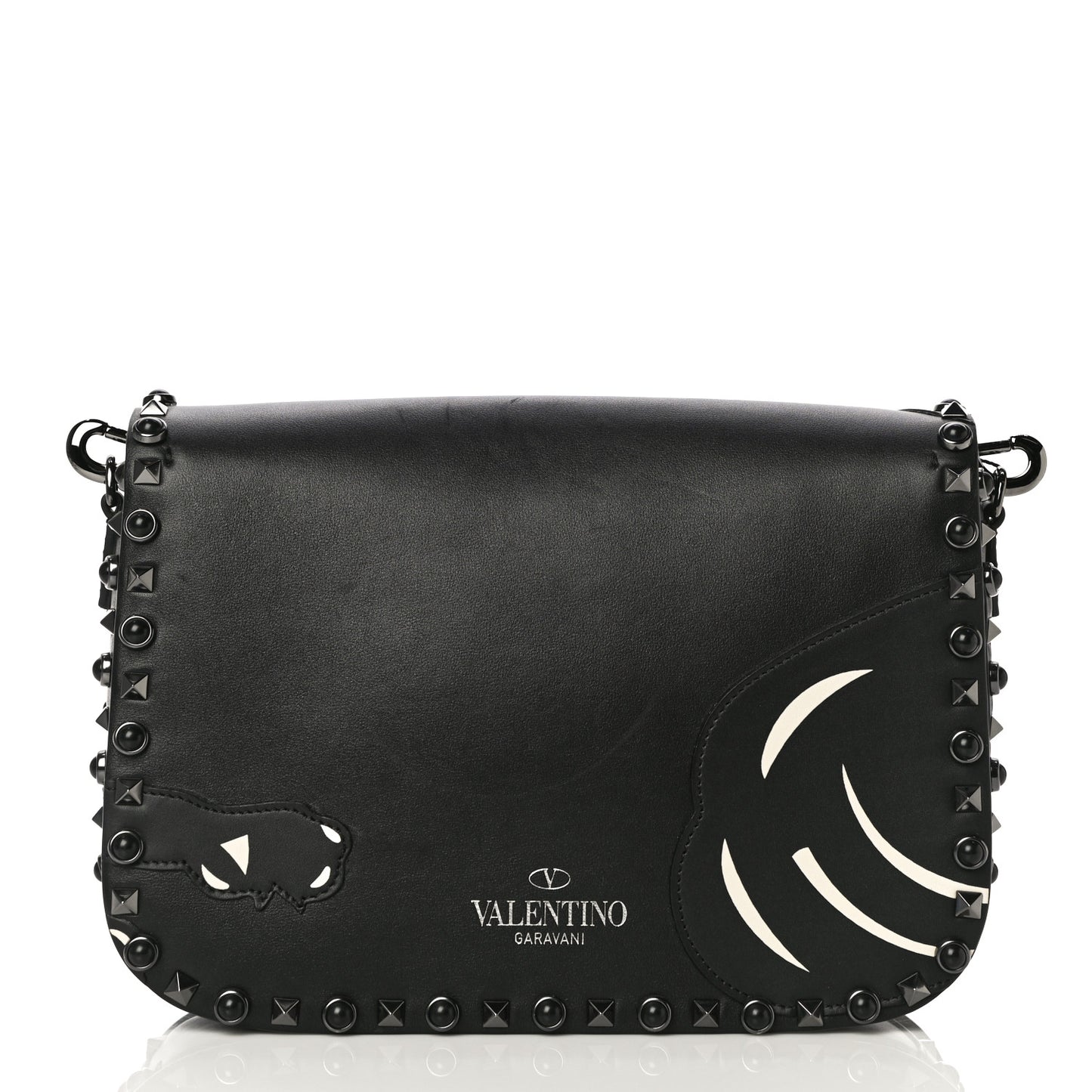 Calfskin Panther Medium Guitar Strap Rockstud Rolling Flap Saddle Bag Black
