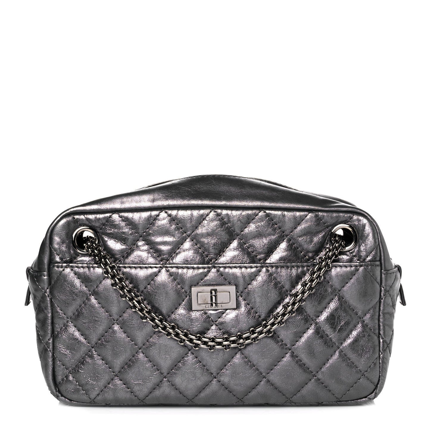 Metallic Aged Calfskin Quilted Medium Reissue Camera Case Dark Silver