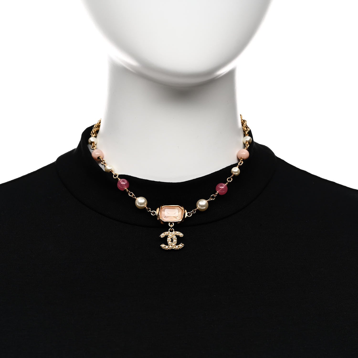 Chanel Crystal Pearl Bead CC Choker Gold Pink 2 of 6