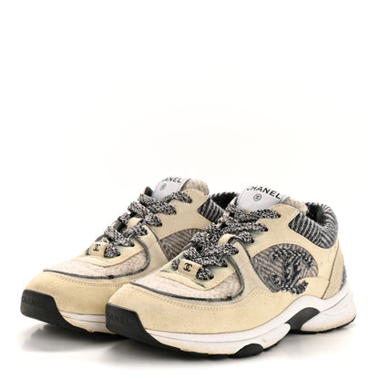 Chanel Fabric Suede Calfskin Womens CC Sneakers 37.5 Ivory Light Gray White 4 of 9