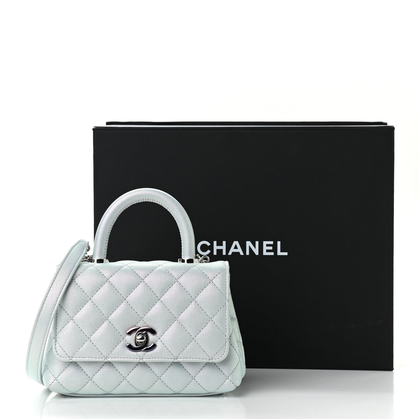 Iridescent Caviar Quilted Extra Mini Coco Handle Flap Light Blue