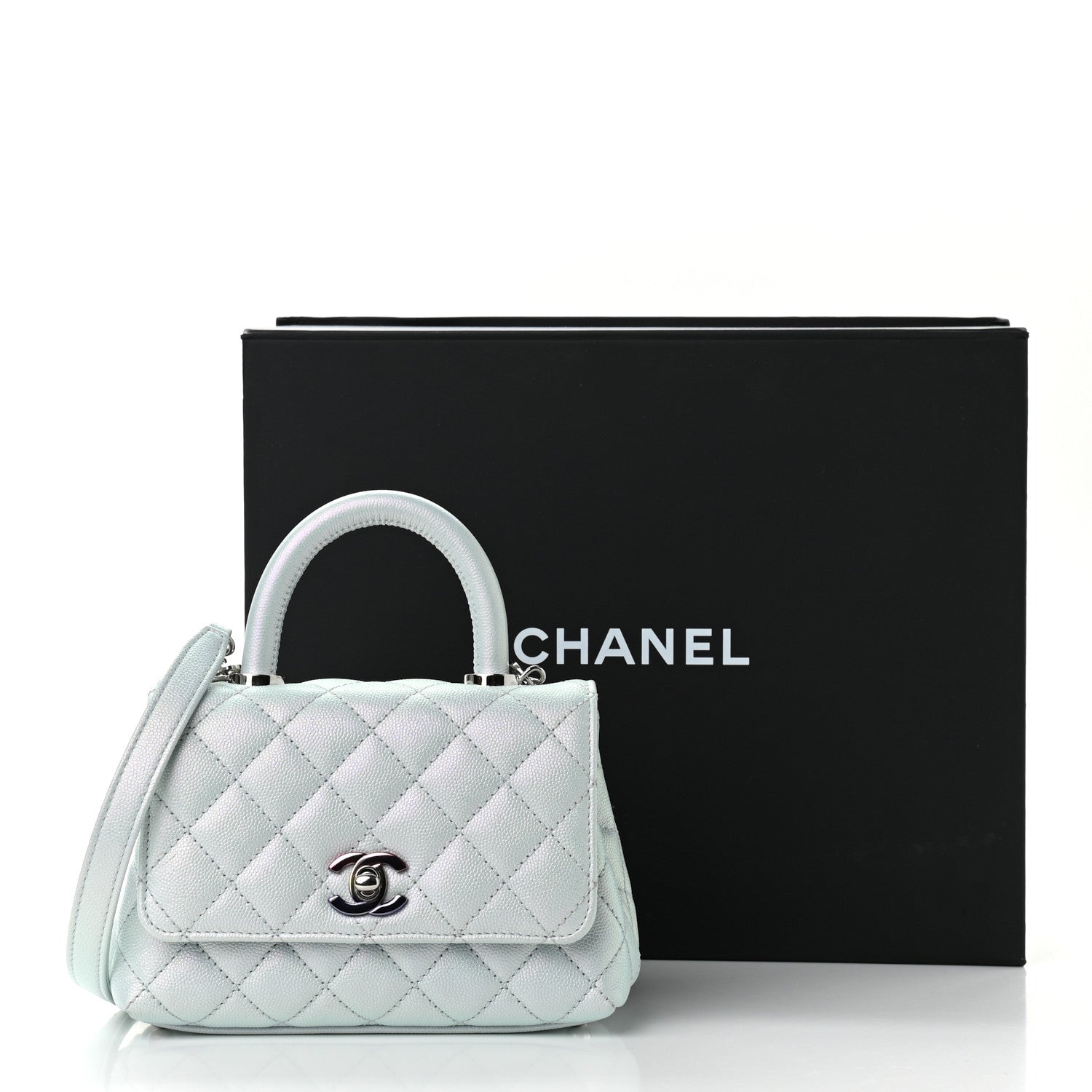 Chanel Iridescent Caviar Quilted Extra Mini Coco Handle Flap Light Blue 12 of 12